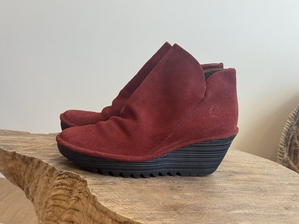 Fly London Yip Suede Red Leather Ankle Wedge Bootie 40 9 9.5